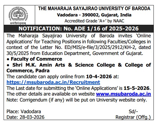 Professor, Associate Professor, and Assistant Professor Jobs – MSU Baroda 2026